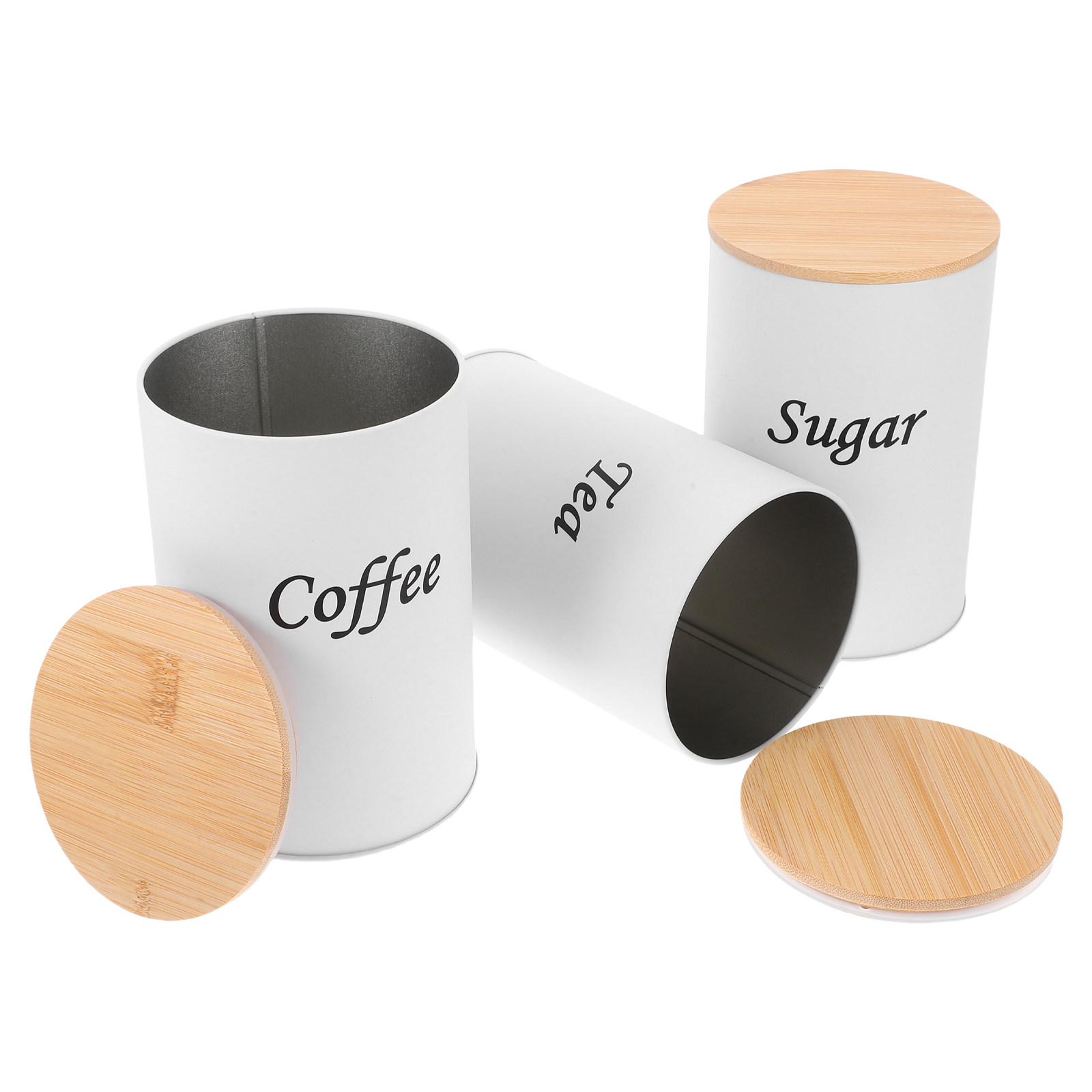 Coffee Tea And Sugar Canisters - กระป๋องทรงกลมสุญญากาศ 3 ชิ้น ตัวกระป๋องเหล็กชุบสังกะสี ฝาไม้ไผ่ สำหรับเก็บกาแฟ
