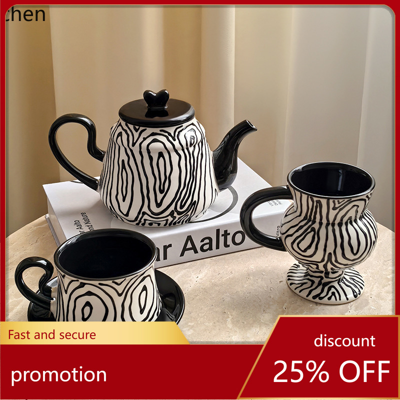 Coffee Tea Set - Hxl ถ้วยกาแฟลายวงแหวนต้นไม้แบบวาดด้วยมือ ชุดถ้วยชาและจานรองเซรามิกสุดหรู