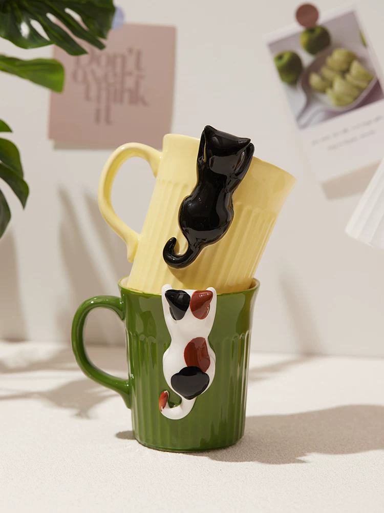 Coffee Tea Friends - แก้วเซรามิคลายการ์ตูนแมวน่ารัก 350 มล. แก้วน้ำสำนักงาน แก้วนมสำหรับอาหารเช้า แก้วกาแฟสำหรับคู่รัก