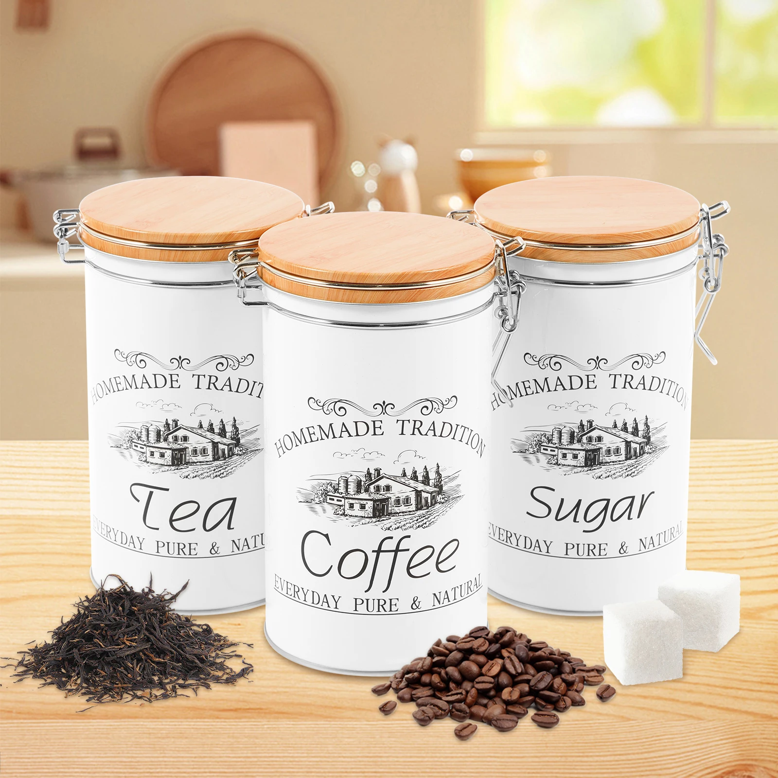 Coffee Tea And Sugar Canisters - ชุดกระป๋องเก็บชา กาแฟ น้ำตาล 3 ชิ้น/ชุด กระป๋องโลหะสำหรับเก็บเมล็ดกาแฟ