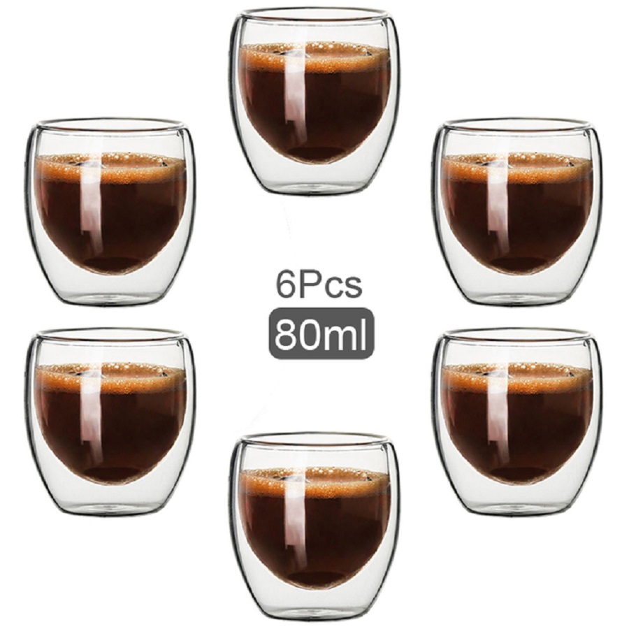 Coffee Tea Catering - แก้วกาแฟผนังคู่แก้วแก้วผนังคู่คาปูชิโน่โกโก้นมถ้วย, 2.7 ออนซ์ของชุด 6 แก้วชากาแฟ, แก้วใส