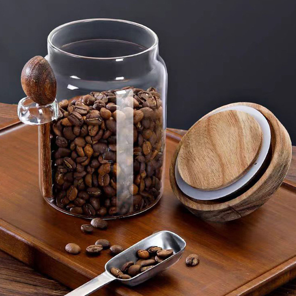 Coffee Tea And Sugar Canisters - โถแก้วเก็บเมล็ดกาแฟ ฝาไม้ปิดสนิท ป้องกันการรั่วซึม ภาชนะเก็บชาในครัว ที่ใส่น้ำตาล โถแก้วปิดผนึก