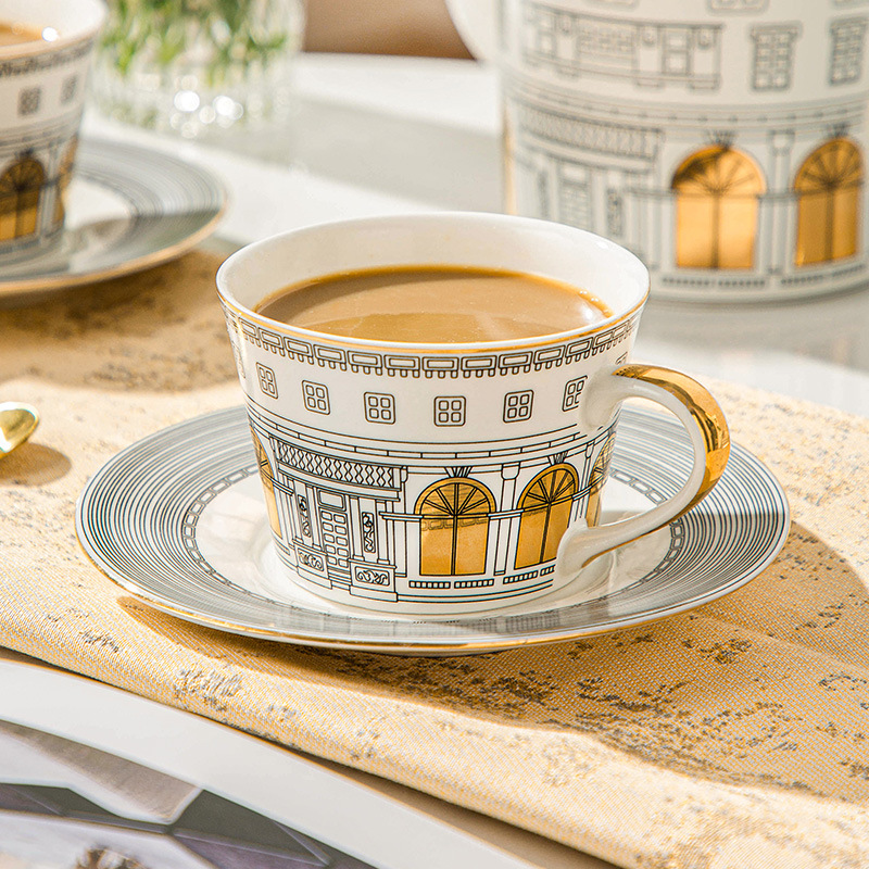 Coffee Tea Catering - สถาปัตยกรรมถ้วยและจานรองแก้วกาแฟยุโรปหรูหราภาษาฝรั่งเศสคําทองทาสีชายามบ่ายจานขนมหวานห้องครัว
