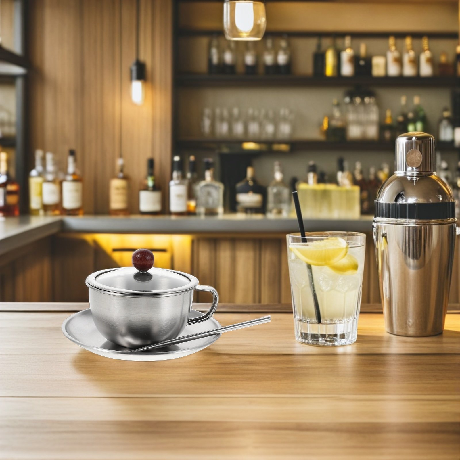 Coffee Tea Set - ชุดกาแฟวินเทจ 1 ชุด แก้วสแตนเลสแบบเรียบง่าย พร้อมจานรอง สำหรับเอสเพรสโซ