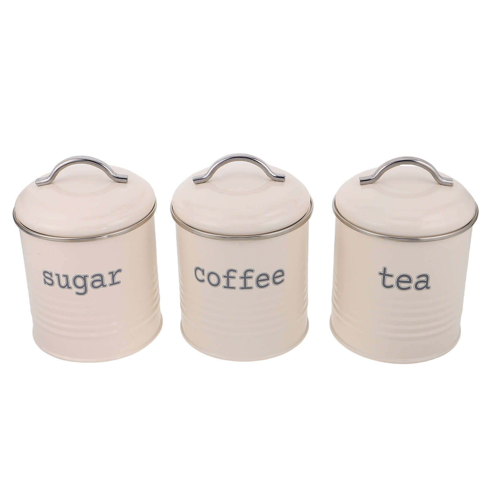 Coffee Tea And Sugar Canisters - ชุดภาชนะบรรจุเมล็ดกาแฟแบบปิดผนึก 3 ชิ้น กระป๋องเก็บชาและน้ำตาลแบบสุญญากาศ สีขาว ทำจากเหล็ก